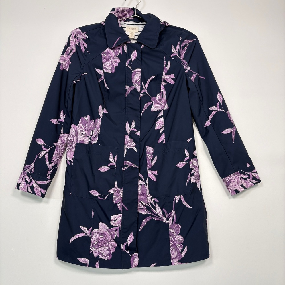 Chico's Womens Raincoat 00 XS Navy Purple Floral Hooded Striped Lining 570227187